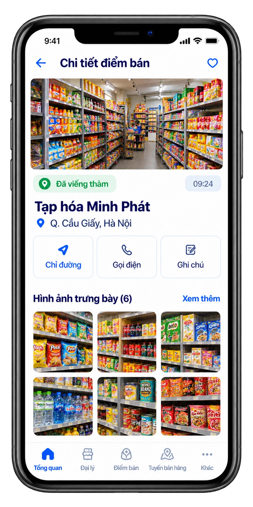 Màn hình di động chi tiết điểm bán, check-in và ảnh trưng bày