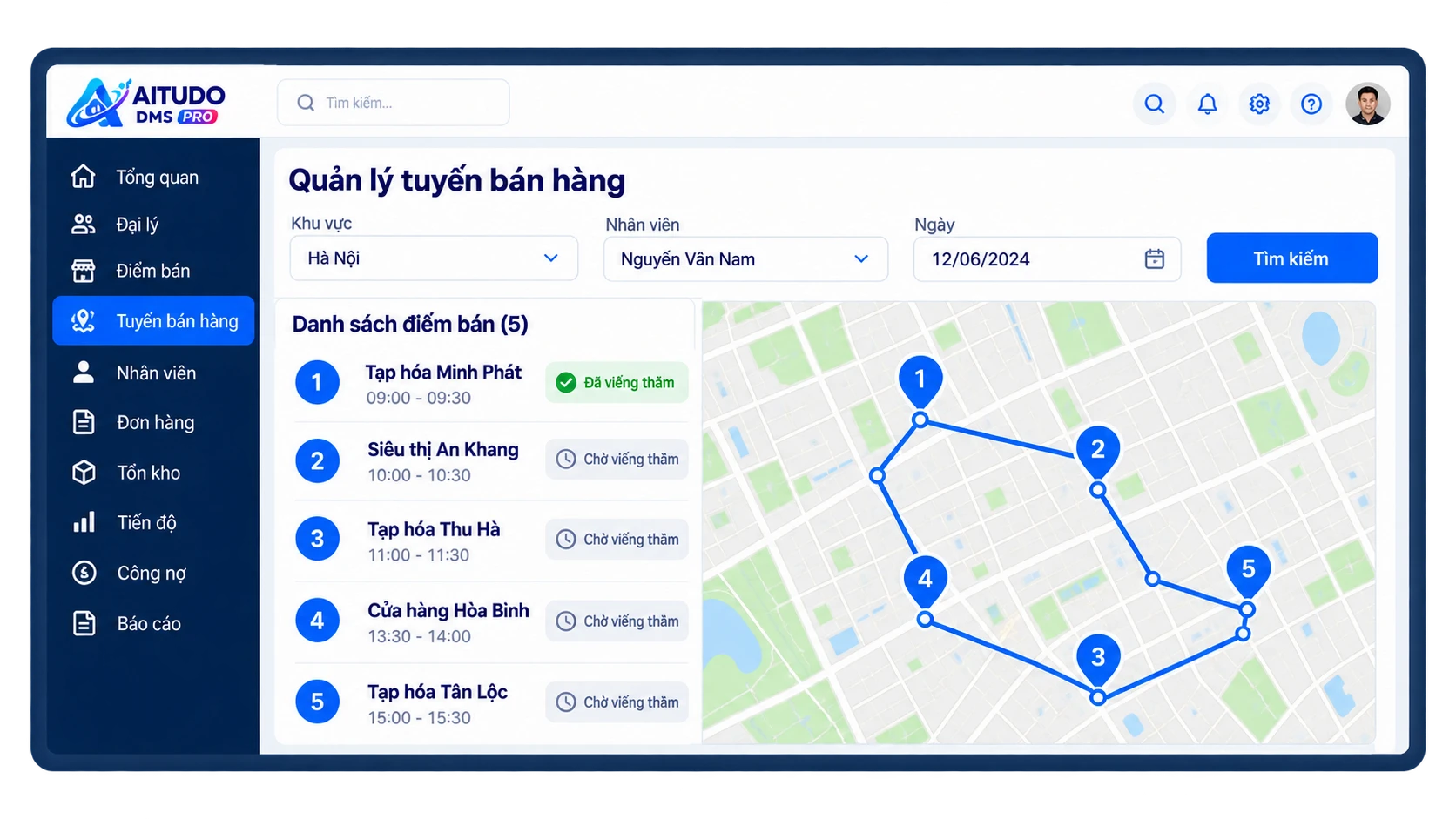 Giao diện quản lý tuyến bán hàng AITUDO DMS Pro